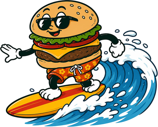 Surfing burger mascot